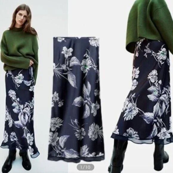 NWT ZARA PRINTED SATIN EFFECT MIDI SKIRT NAVY / WHITE - Picture 1 of 6